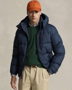 Piumino Polo Ralph Lauren blu in nylon opaco con cappuccio staccabile