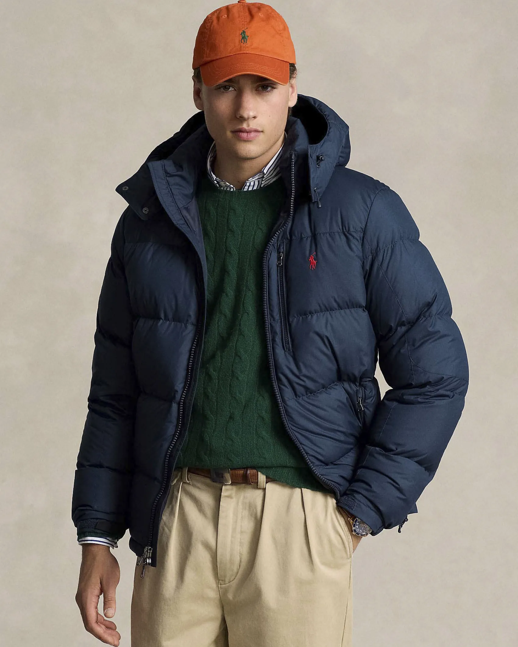 Piumino Polo Ralph Lauren blu in nylon opaco con cappuccio staccabile