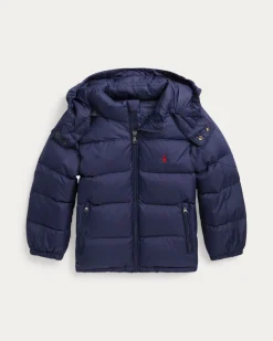 Piumino Polo Ralph Lauren blu con cappuccio staccabile e logo pony rosso