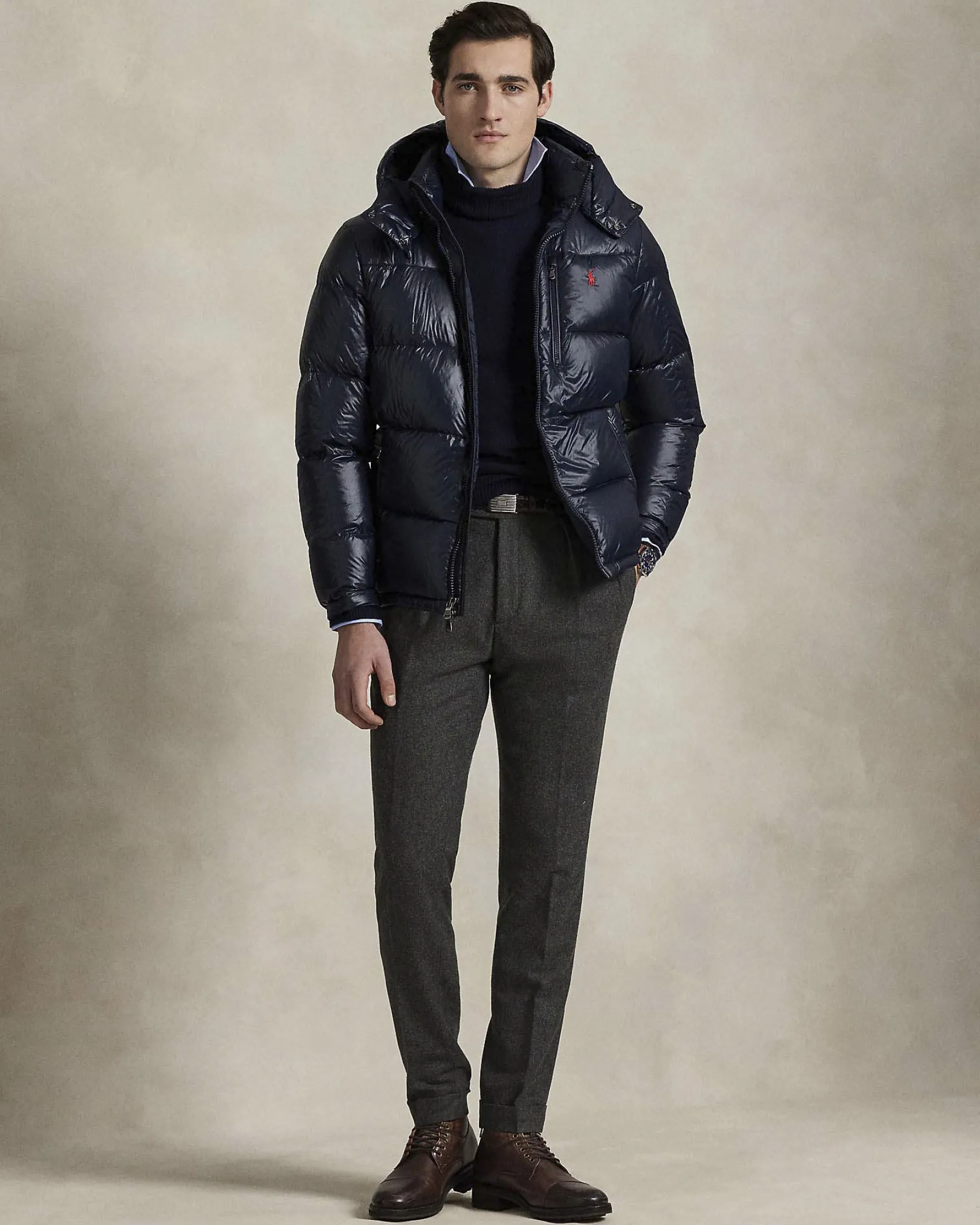 Piumino Polo Ralph Lauren blu in nylon lucido con cappuccio staccabile