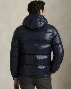 Piumino Polo Ralph Lauren blu in nylon lucido con cappuccio staccabile