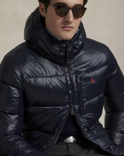 Piumino Polo Ralph Lauren blu in nylon lucido con cappuccio staccabile