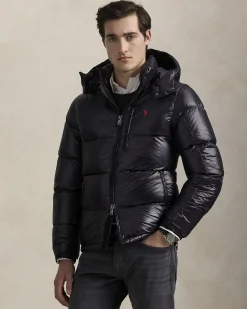 Piumino Polo Ralph Lauren nero in nylon lucido con cappuccio staccabile