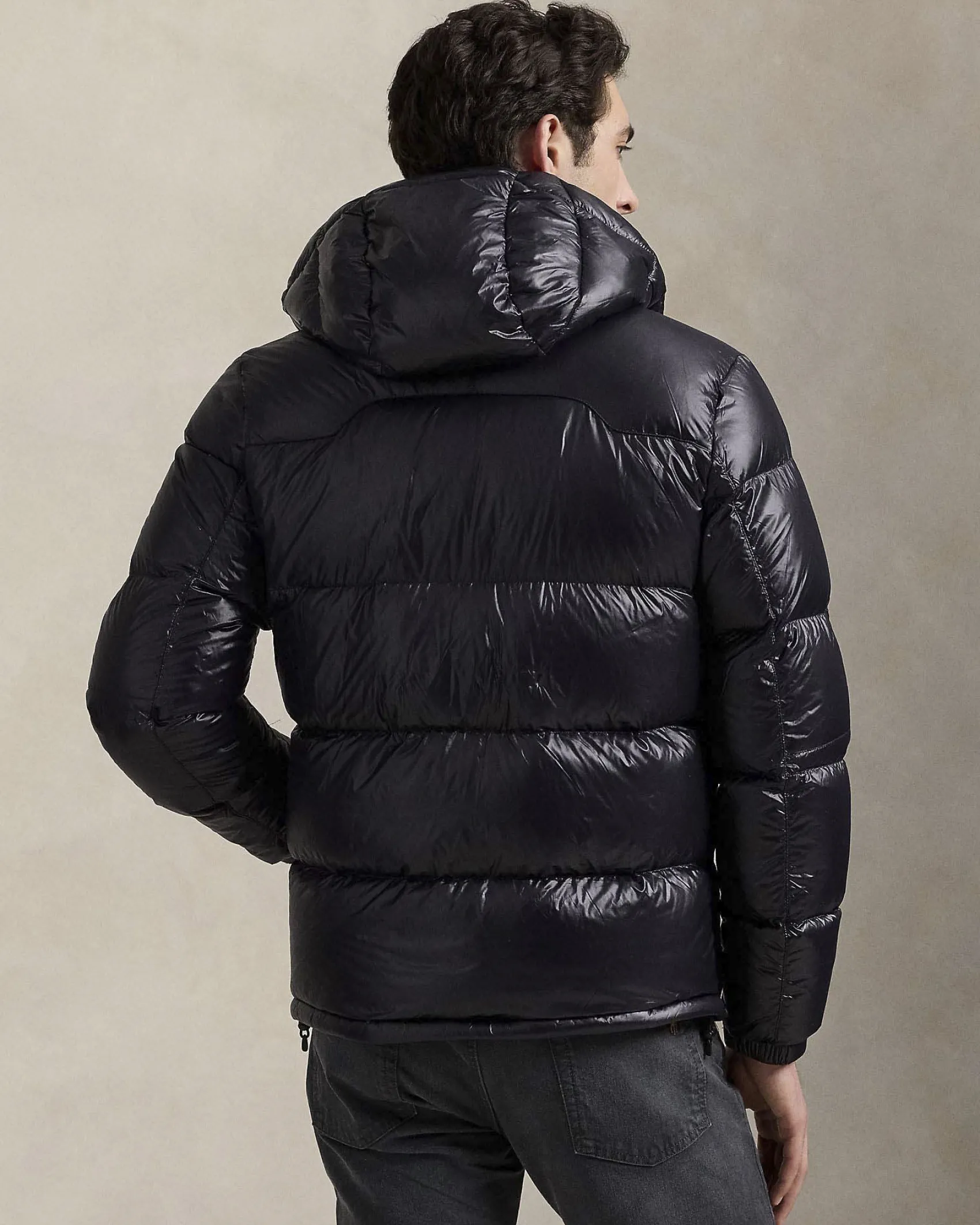 Piumino Polo Ralph Lauren nero in nylon lucido con cappuccio staccabile
