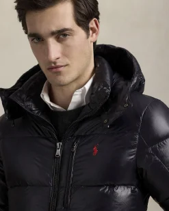 Piumino Polo Ralph Lauren nero in nylon lucido con cappuccio staccabile