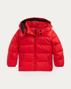 Piumino Ralph Lauren rosso con cappuccio staccabile e logo pony blu