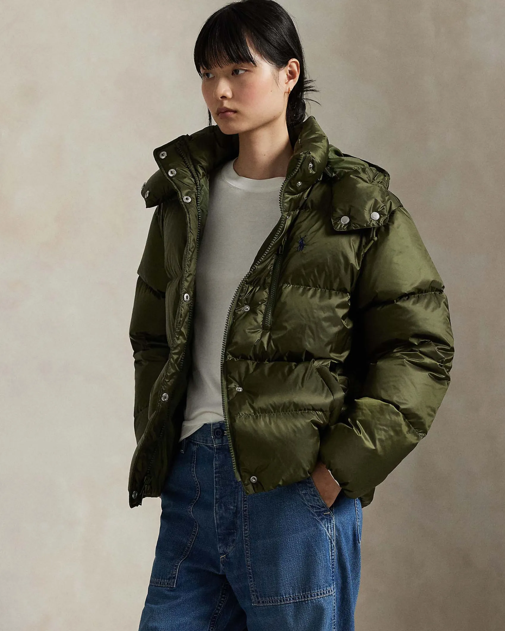 Piumino verde militare Polo Ralph Lauren con imbottitura in piuma naturale e cappuccio removibile