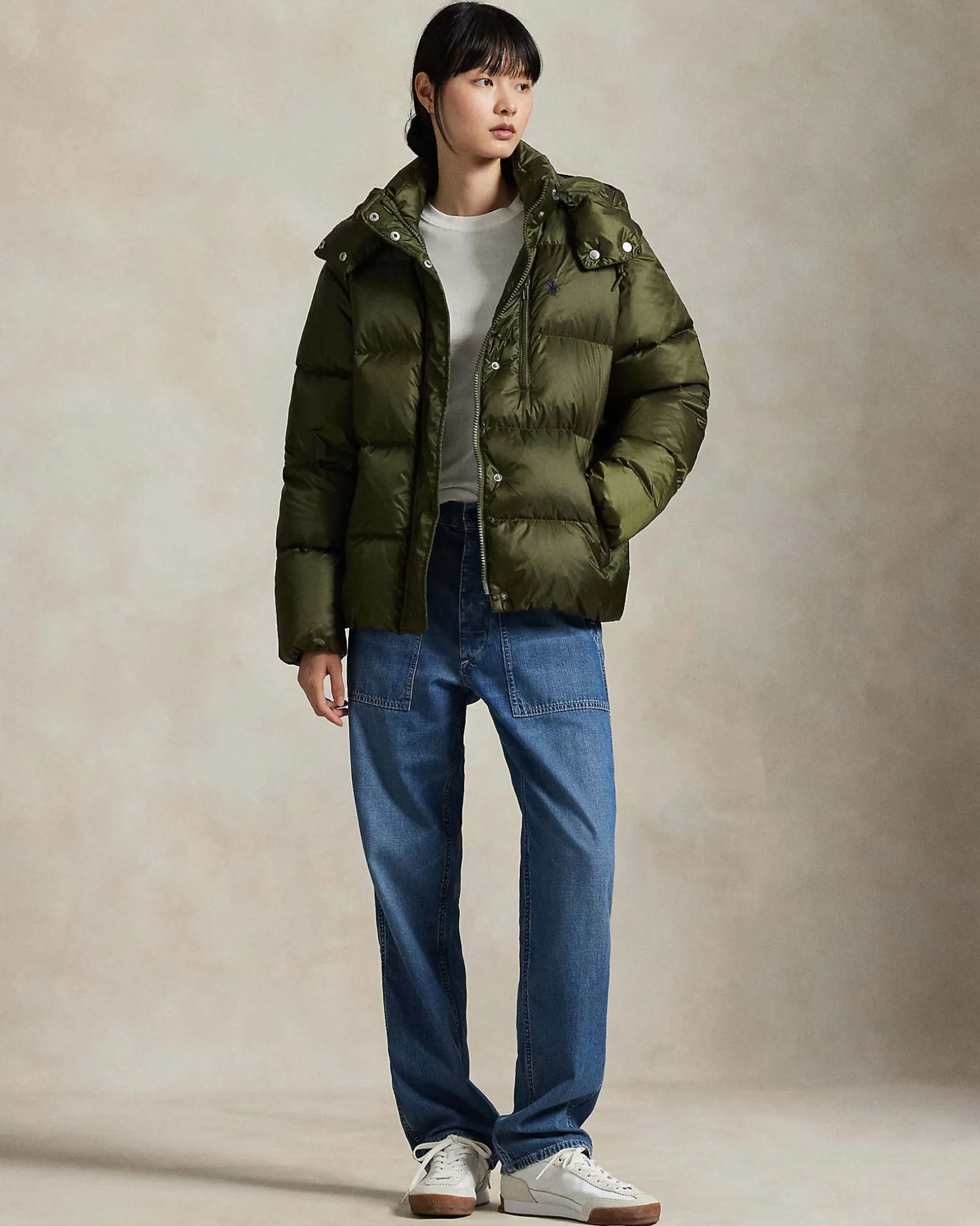 Piumino verde militare Polo Ralph Lauren con imbottitura in piuma naturale e cappuccio removibile