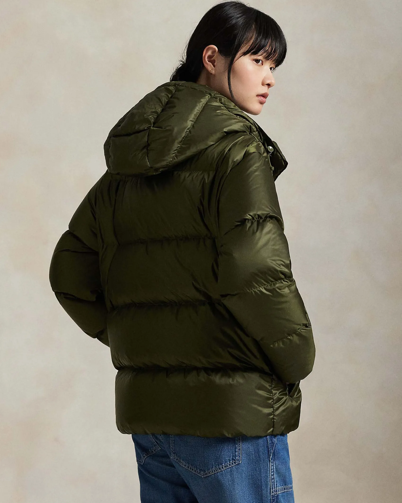 Piumino verde militare Polo Ralph Lauren con imbottitura in piuma naturale e cappuccio removibile