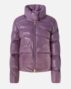 Piumino viola Pinko crystal nylon dal finishing lucido con colletto in piedi