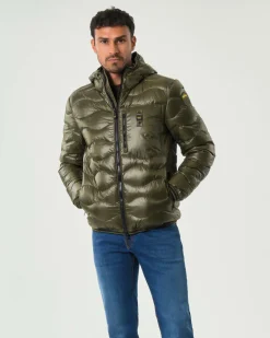 Piumino Wave Blauer verde militare con cappuccio fisso e trapuntatura ad onde