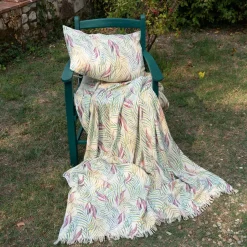 Plaid Kentia Telinus in cotone color crema a stampa felci multicolore