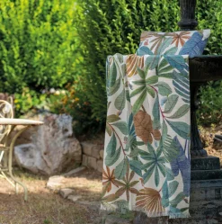 Plaid Mindo in cotone color crema con stampa fogliame multicolor