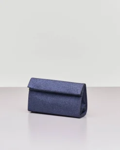 Pochette a base rigida in tessuto effetto glitter blu con piccola patta