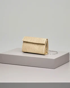 Pochette a base rigida in tessuto effetto glitter argento con piccola patta