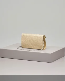 Pochette a base rigida in tessuto effetto glitter argento con piccola patta
