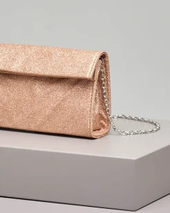 Pochette a base rigida in tessuto effetto glitter color rame con piccola patta