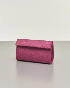 Pochette a base rigida in tessuto effetto glitter rosa fragola con piccola patta