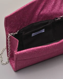 Pochette a base rigida in tessuto effetto glitter rosa fragola con piccola patta
