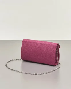 Pochette a base rigida in tessuto effetto glitter rosa fragola con piccola patta