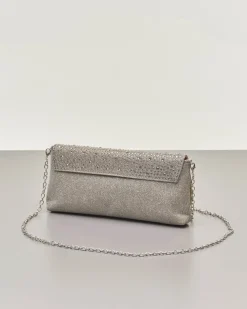 Pochette a busta color peltro in lurex con strass tono su tono applicati sulla patta di chiusura