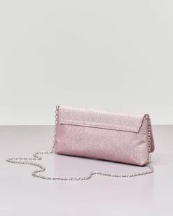 Pochette a busta in tessuto glitter rosa con patta e tracolla a catena removibile
