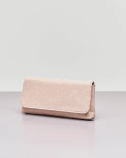 Pochette a busta in tessuto glitter color cipria con patta e tracolla a catena removibile