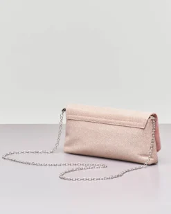 Pochette a busta in tessuto glitter color cipria con patta e tracolla a catena removibile