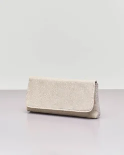 Pochette a busta in tessuto glitter color sabbia con patta e tracolla a catena removibile