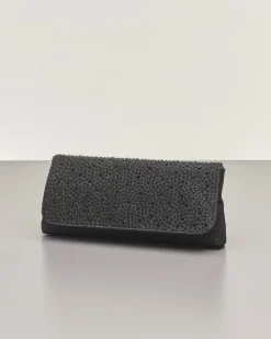 Pochette a busta nera in lurex con strass tono su tono applicati sulla patta di chiusura