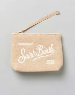 Pochette Aline beige in tessuto a effetto lana con logo bianco ricamato fronte e retro