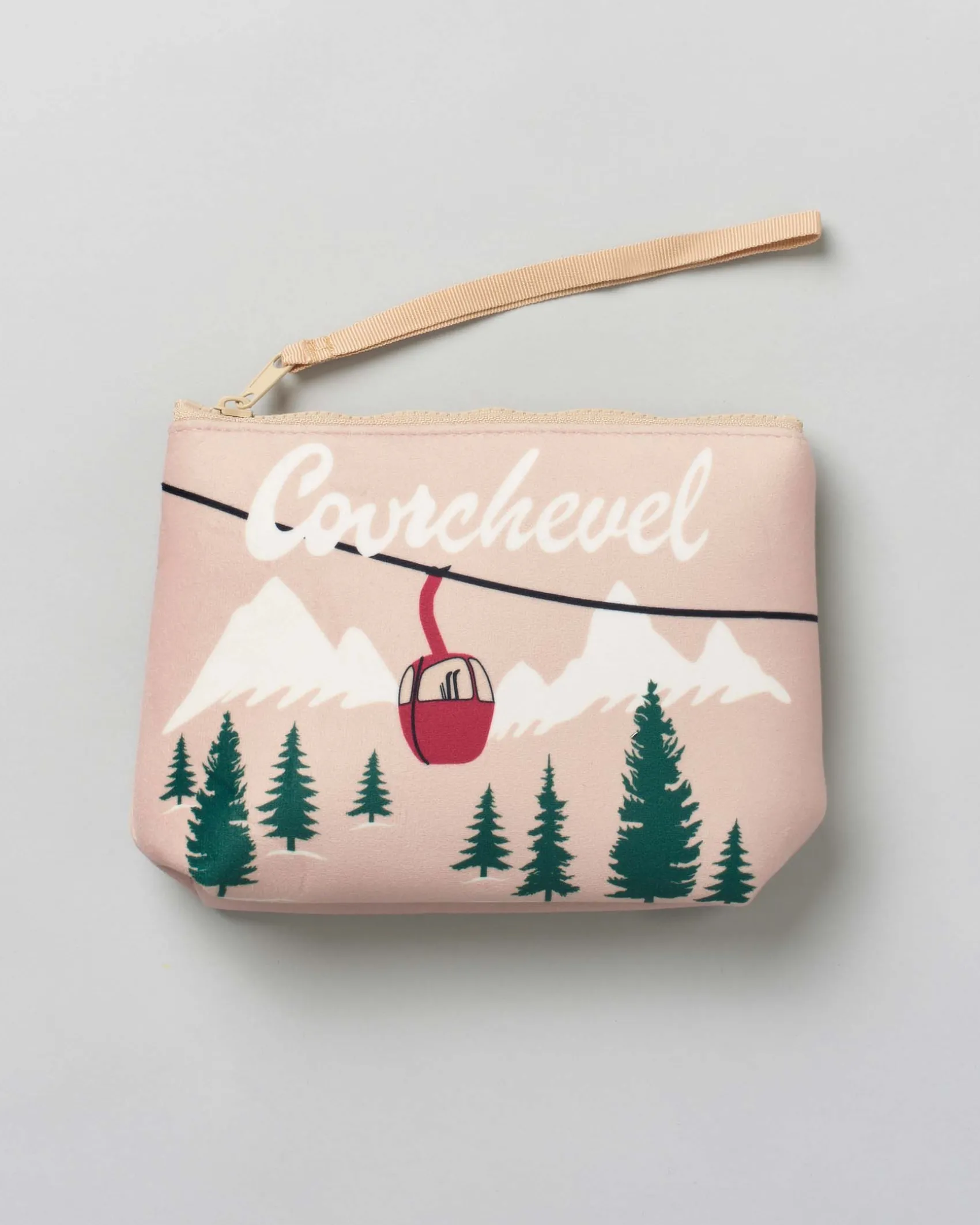 Pochette Aline beige in tessuto effetto lana con stampa grafica seggiovia Courchevel