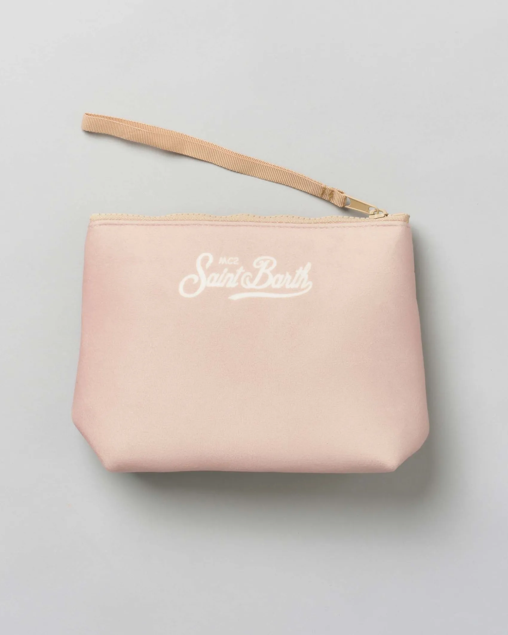 Pochette Aline beige in tessuto effetto lana con stampa grafica seggiovia Courchevel