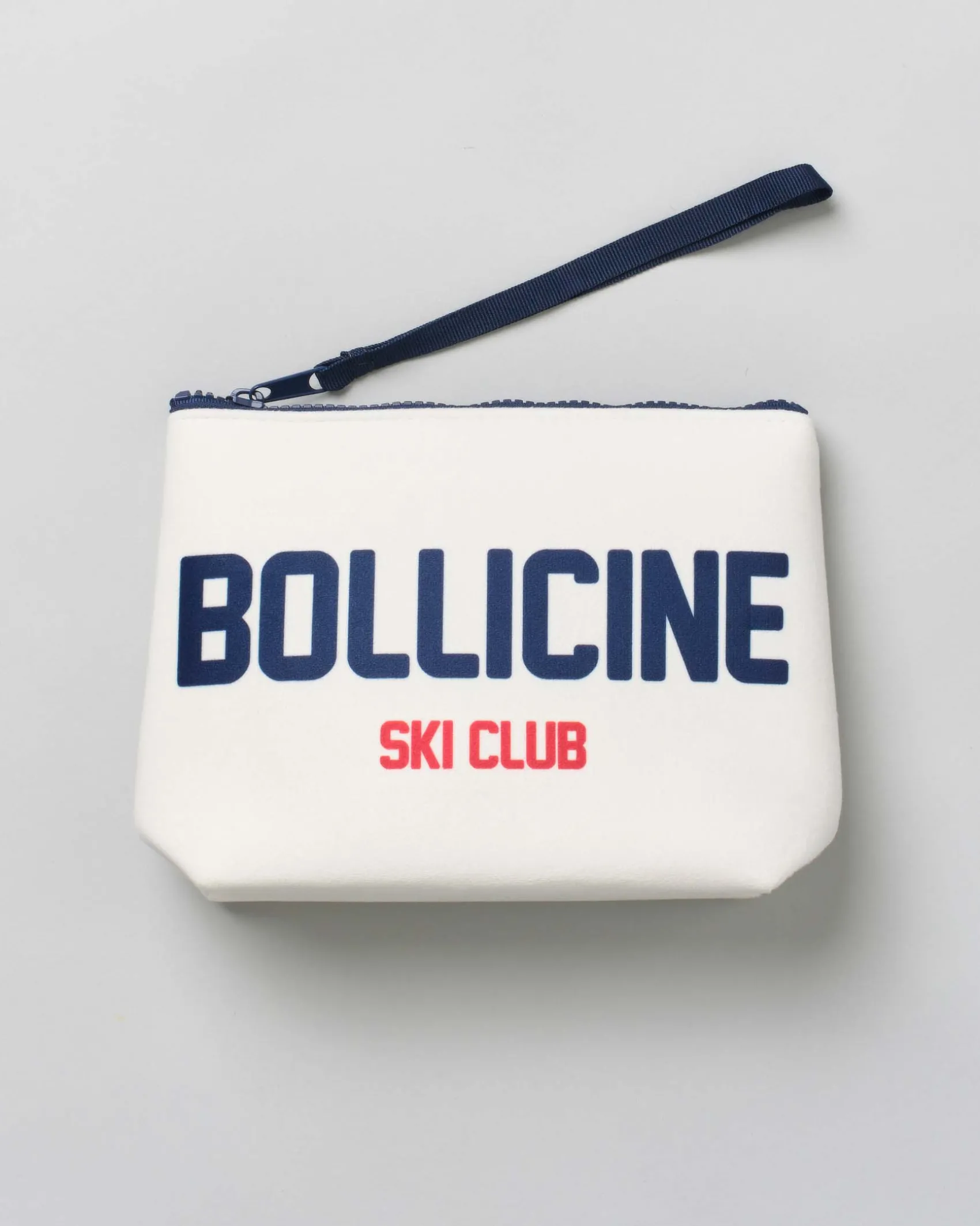 Pochette Aline bianca in tessuto effetto lana con stampa scritta Bollicine Ski Club