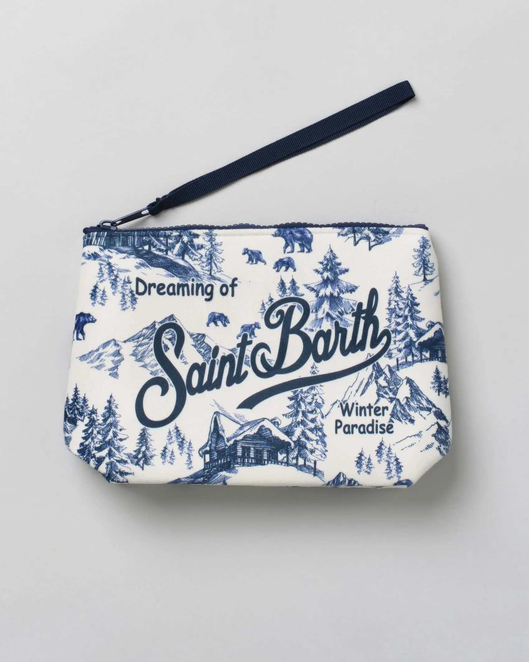 Pochette Aline bianca in tessuto effetto lana a fantasia paesaggio montano con logo blu