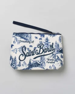 Pochette Aline bianca in tessuto effetto lana a fantasia paesaggio montano con logo blu