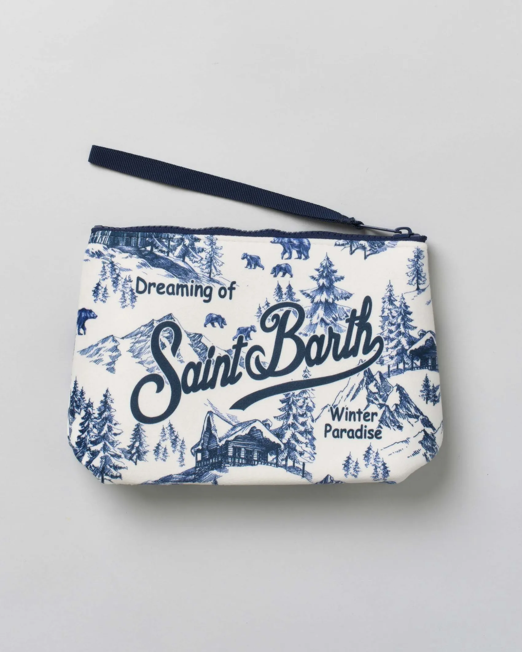 Pochette Aline bianca in tessuto effetto lana a fantasia paesaggio montano con logo blu