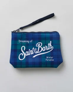 Pochette Aline blu e verde in tessuto a effetto lana tartan check con logo bianco stampato fronte e retro