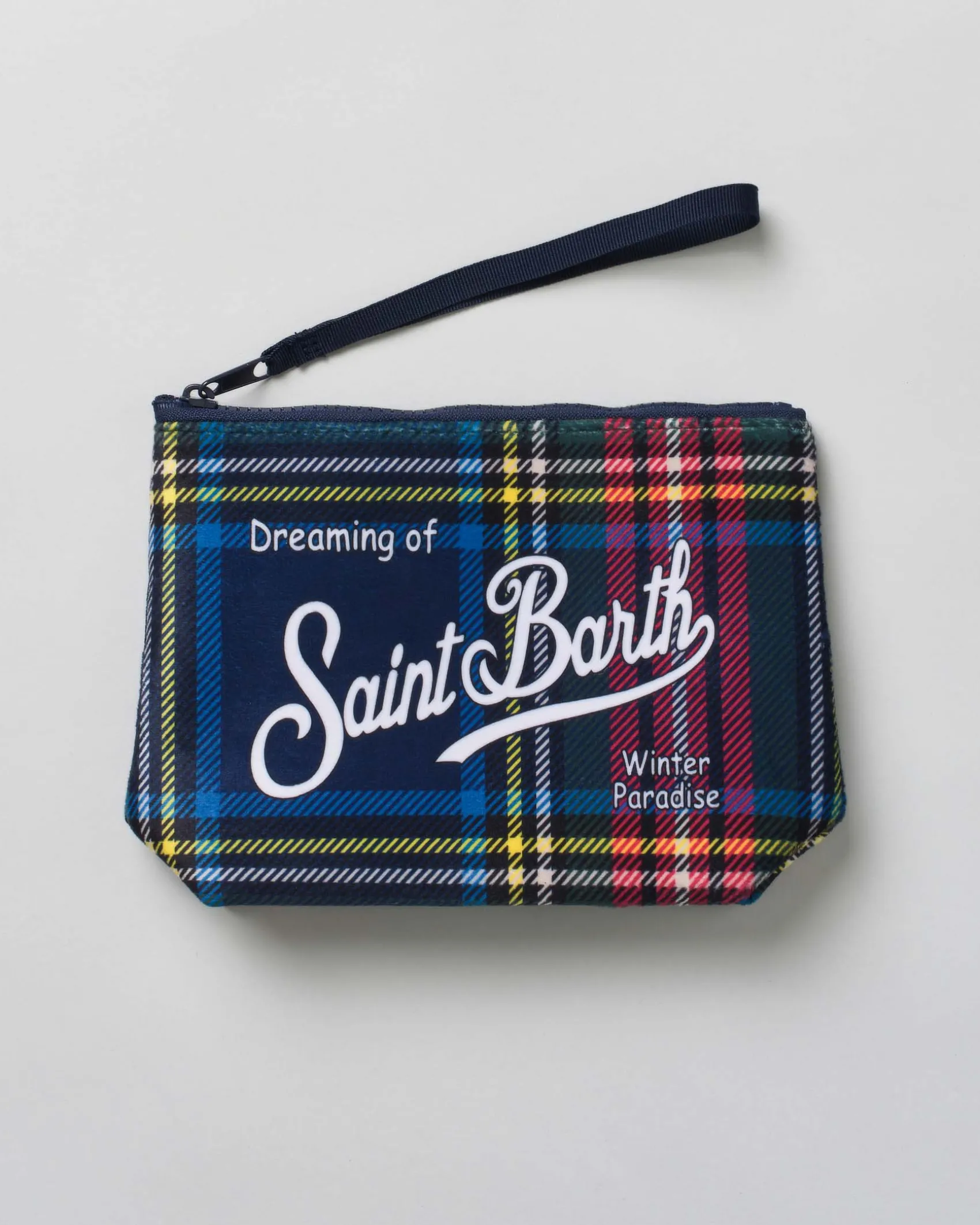 Pochette Aline blu in tessuto a effetto lana tartan check con logo bianco stampato fronte e retro