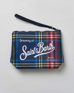 Pochette Aline blu in tessuto a effetto lana tartan check con logo bianco stampato fronte e retro