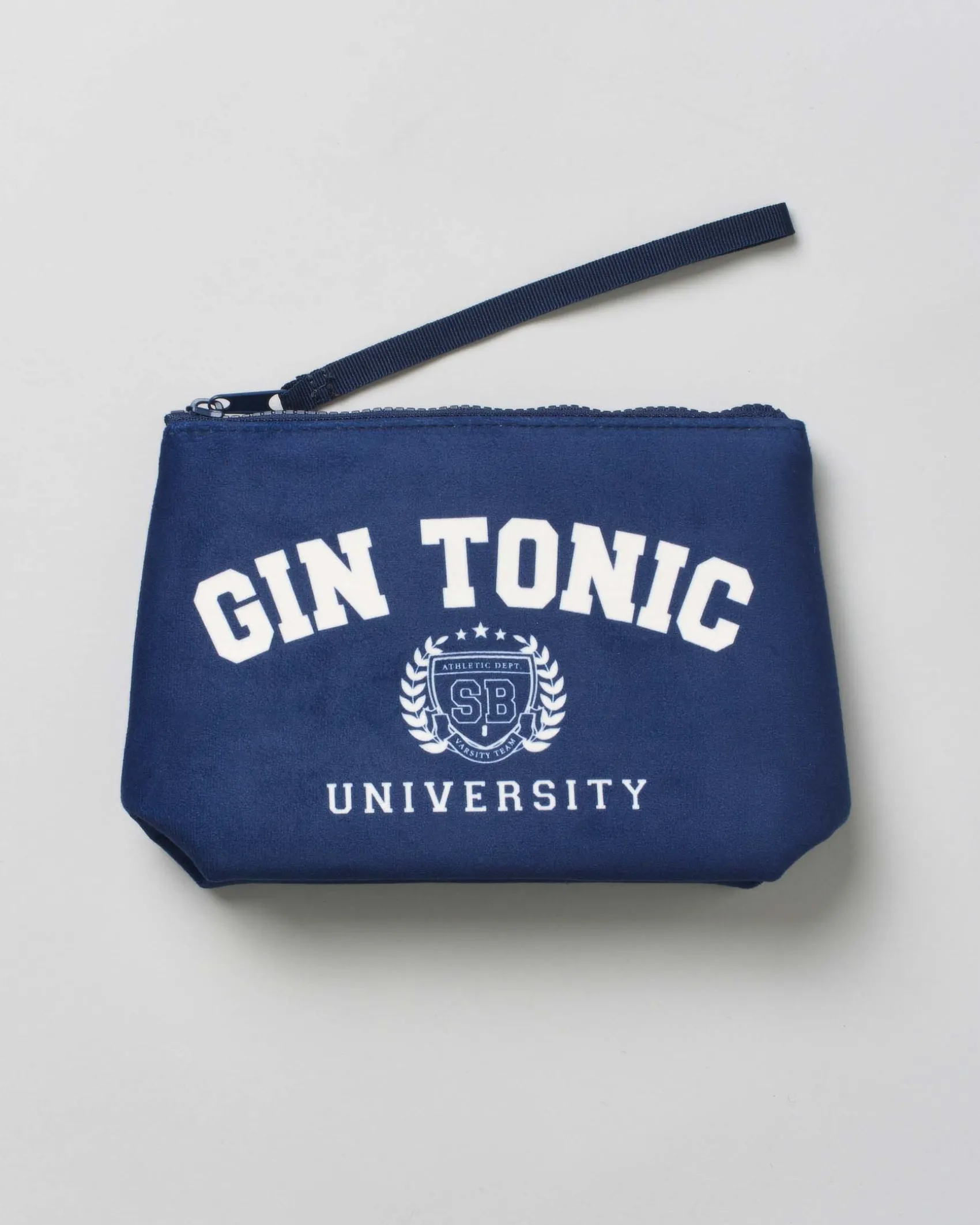 Pochette Aline blu in tessuto effetto lana con stampa scritta Gin Tonic University