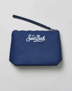 Pochette Aline blu in tessuto effetto lana con stampa scritta Gin Tonic University