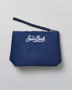 Pochette Aline blu in tessuto effetto lana con grafica Porsche