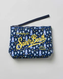 Pochette Aline blu in tessuto effetto lana con stampa grafica Tequila