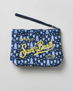 Pochette Aline blu in tessuto effetto lana con stampa grafica Tequila