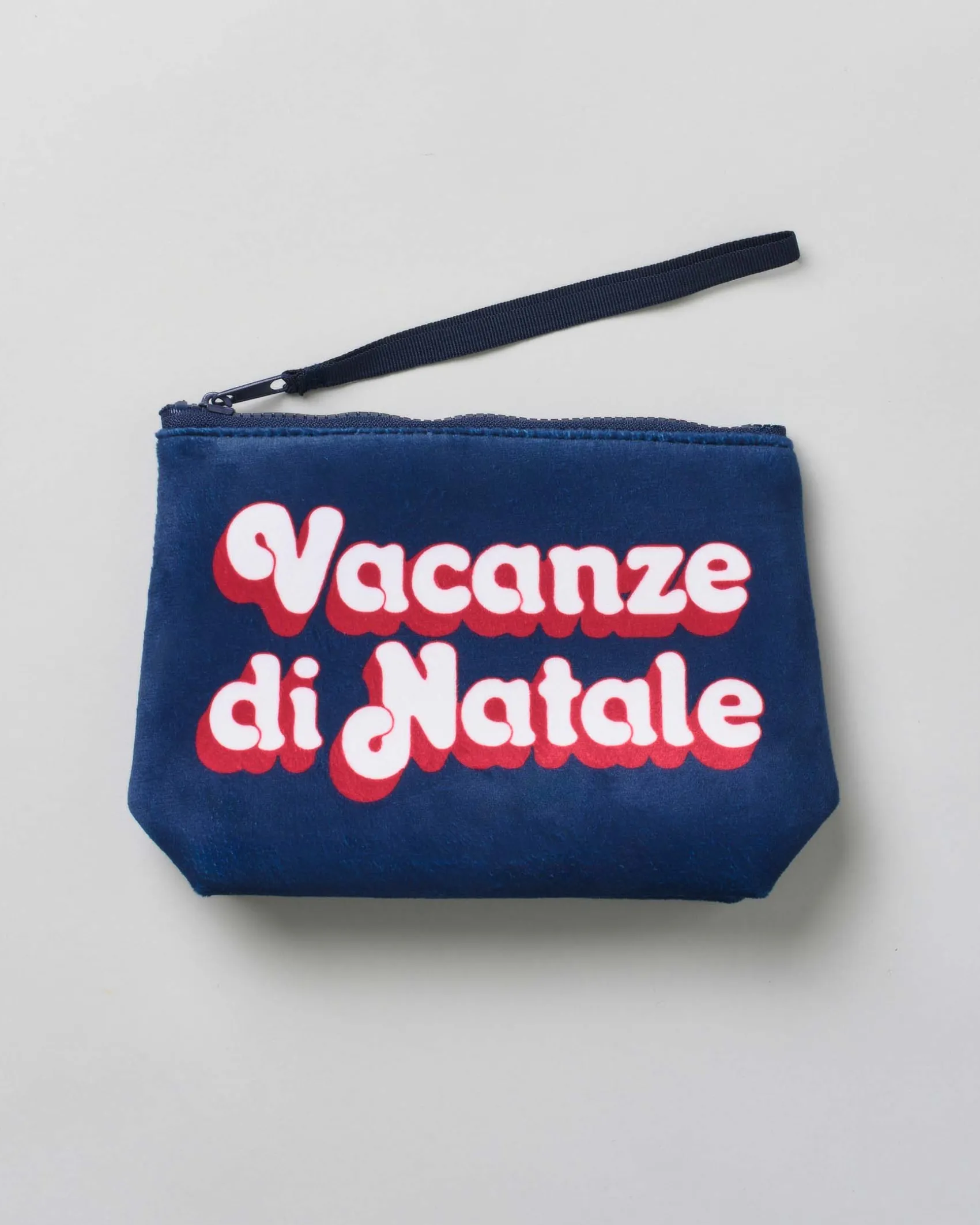 Pochette Aline blu in tessuto effetto lana con scritta Vacanze di Natale