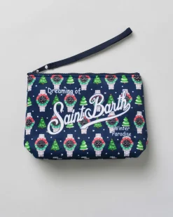 Pochette Aline blu in tessuto effetto lana con stampa grafica natalizia con orologi