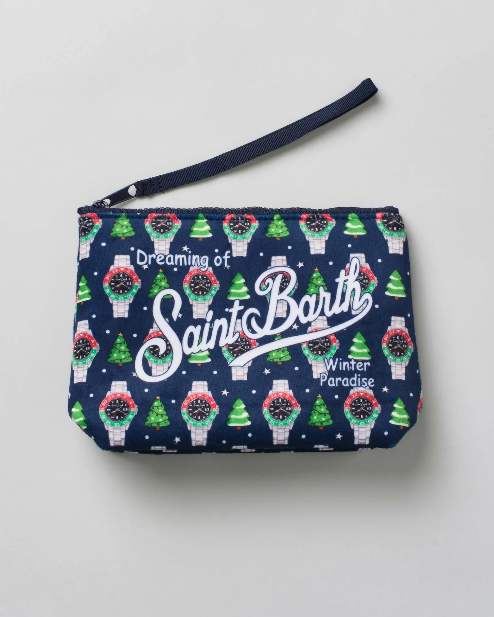 Pochette Aline blu in tessuto effetto lana con stampa grafica natalizia con orologi