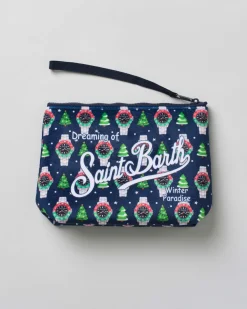 Pochette Aline blu in tessuto effetto lana con stampa grafica natalizia con orologi