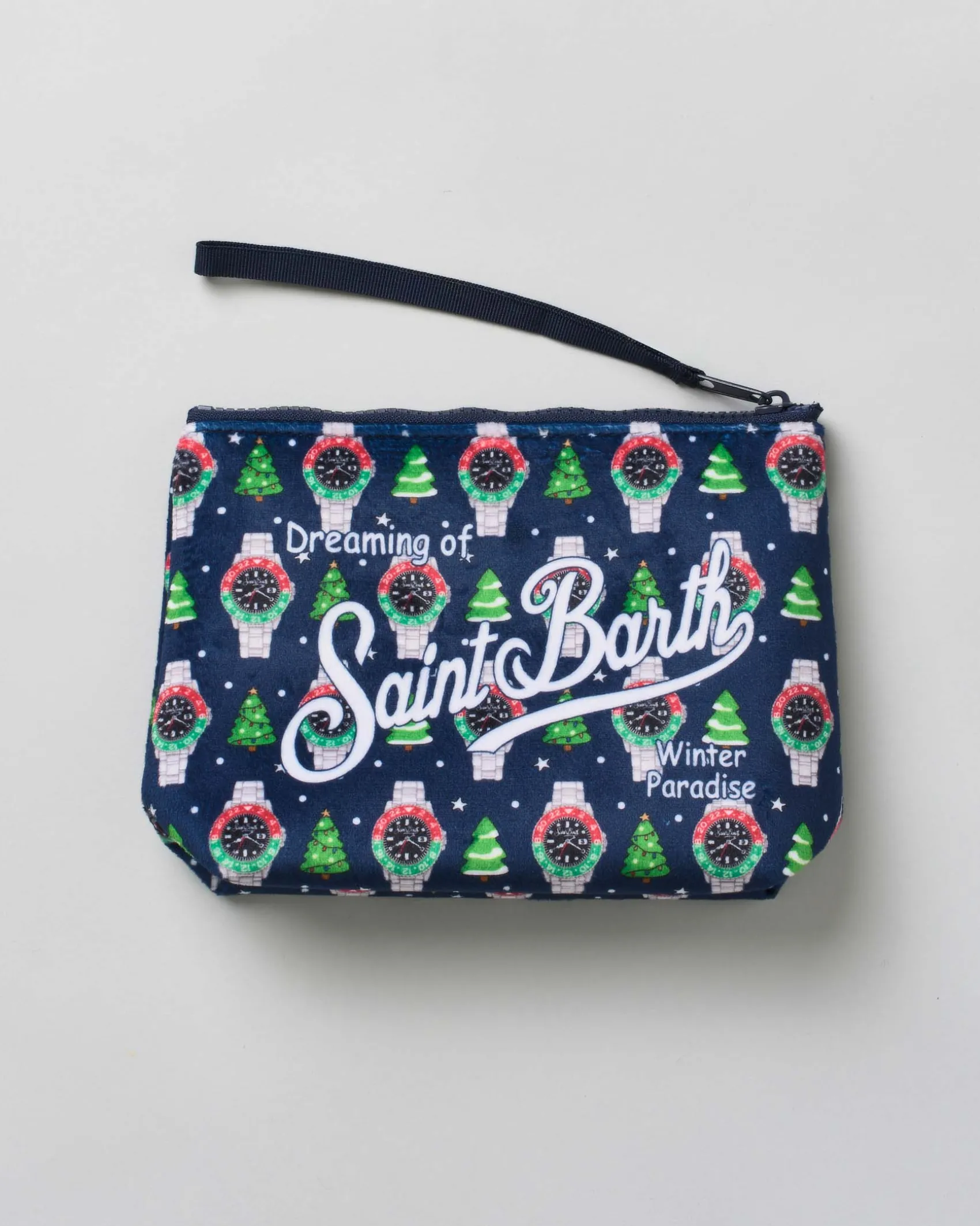 Pochette Aline blu in tessuto effetto lana con stampa grafica natalizia con orologi